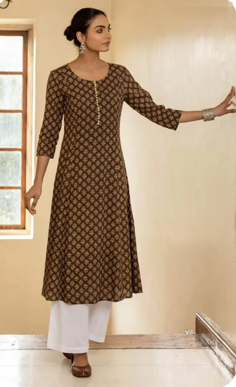 Brown Printed Straight Cotton Kurti