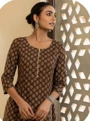 Brown Printed Straight Cotton Kurti