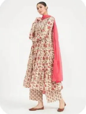 Cream Floral Print Anarkali Cotton Kurta Palazzo Set with Dupatta
