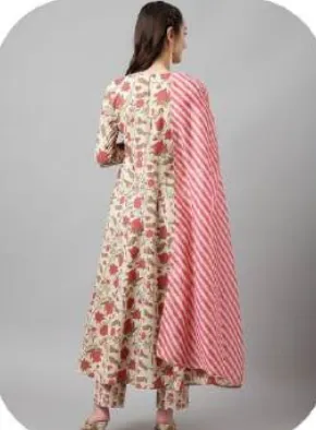 Cream Floral Print Cotton Kurta Set with Dupatta