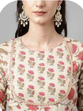 Cream Floral Print Cotton Kurta Set with Dupatta