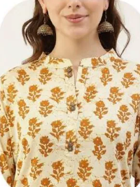 Cream Mustard Print Cotton Kurta Set with Dupatta