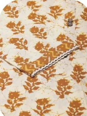 Cream Mustard Print Cotton Kurta Set with Dupatta