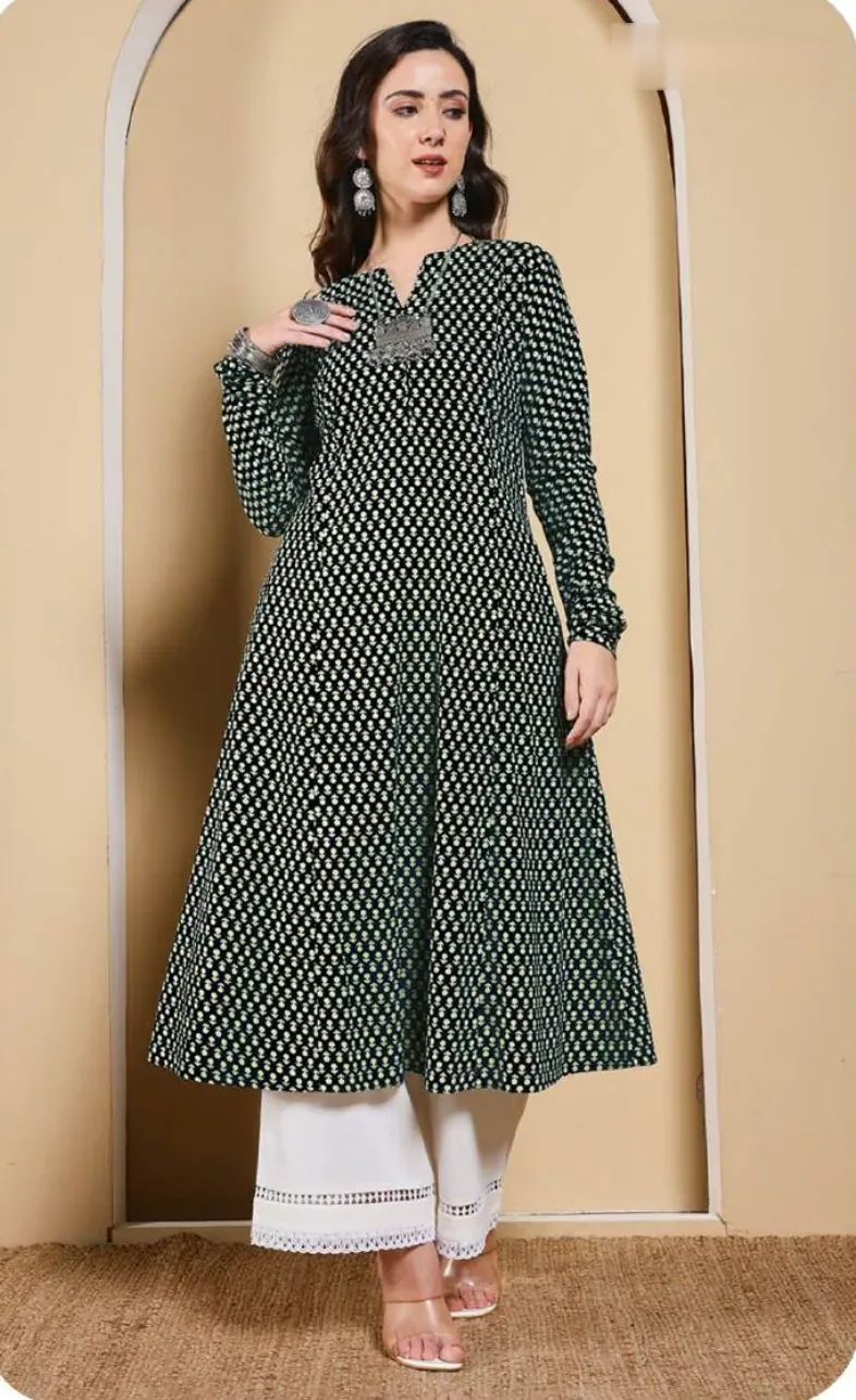 Dark Green Printed A-Line Cotton Kurti