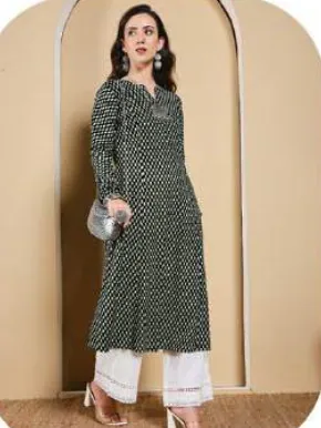 Dark Green Printed A-Line Cotton Kurti