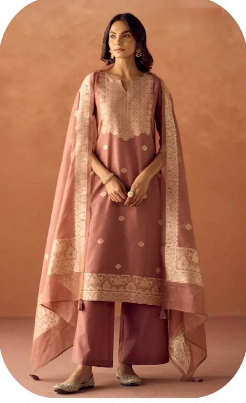 Dusty Rose Cotton Blend Jacquard Kurta Palazzo Set with Dupatta