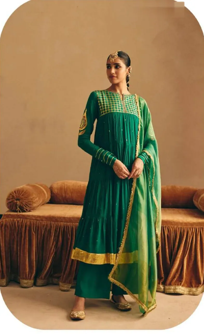 Emerald Green Anarkali Mal Chanderi Kurta Palazzo Set with Dupatta