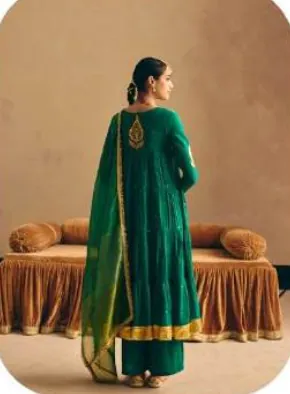 Emerald Green Anarkali Mal Chanderi Kurta Palazzo Set with Dupatta