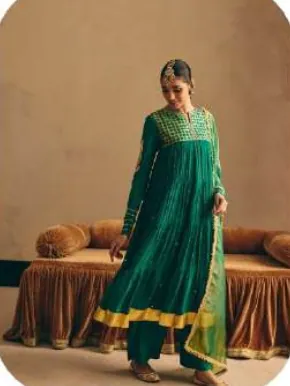 Emerald Green Anarkali Mal Chanderi Kurta Palazzo Set with Dupatta
