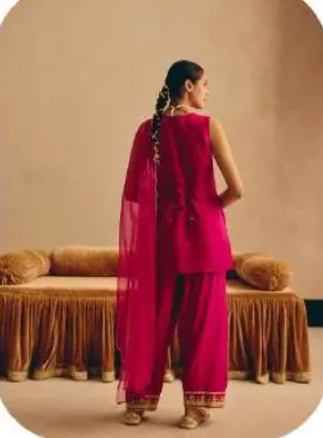 Fuchsia Pink Embroidered Viscose Chanderi Kurta Palazzo Set with Dupatta