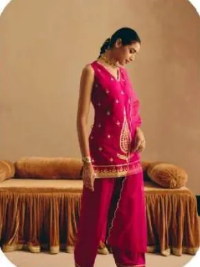 Fuchsia Pink Embroidered Viscose Chanderi Kurta Palazzo Set with Dupatta