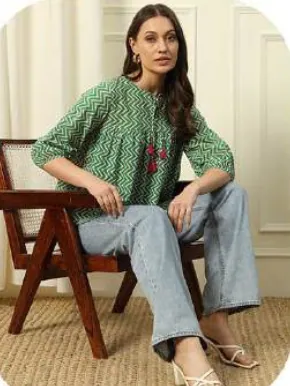 Green Check Embroidered Cotton Crop Top