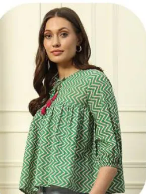 Green Check Embroidered Cotton Crop Top