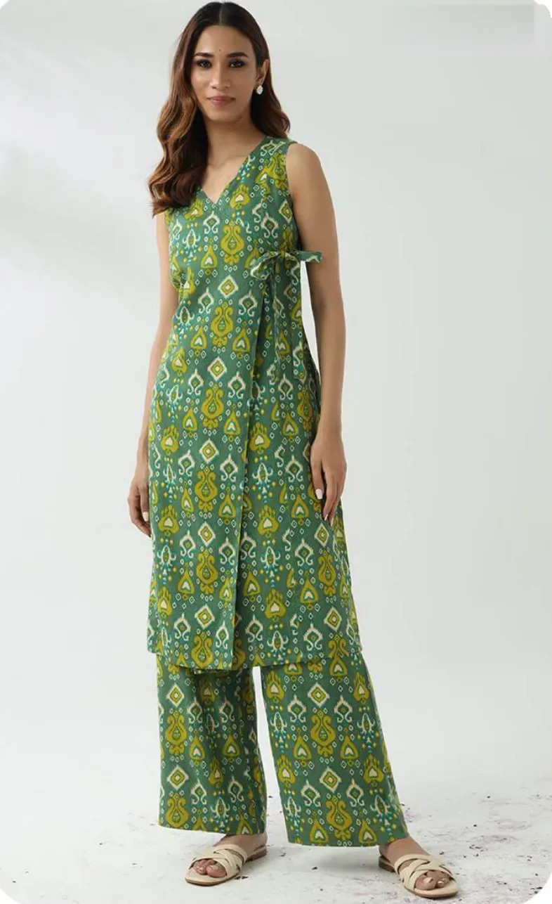 Green Print Sleeveless Cotton Kurti Pant Set