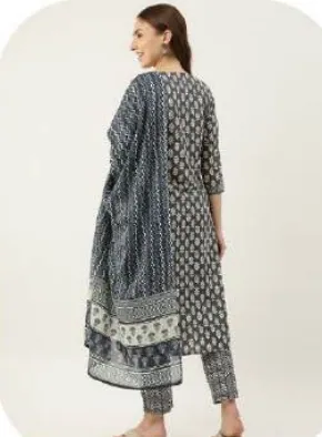 Grey Block Print Cotton Kurta Set with Dupatta