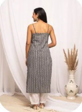 Grey Striped Print Sleeveless Cotton Kurti