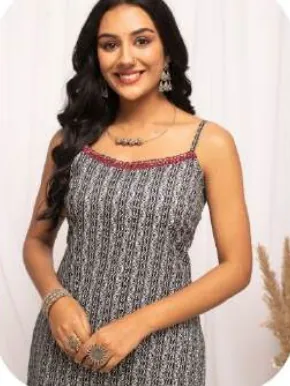 Grey Striped Print Sleeveless Cotton Kurti