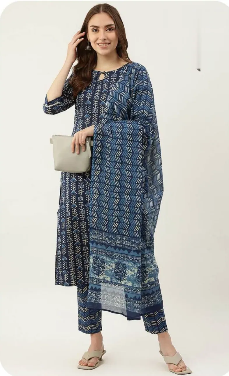 Indigo Blue Block Print Cotton Kurta Set with Dupatta