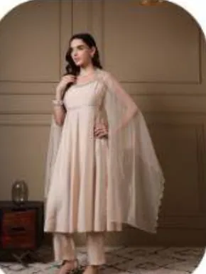 Ivory Anarkali Viscose Chanderi Kurta Set with Dupatta