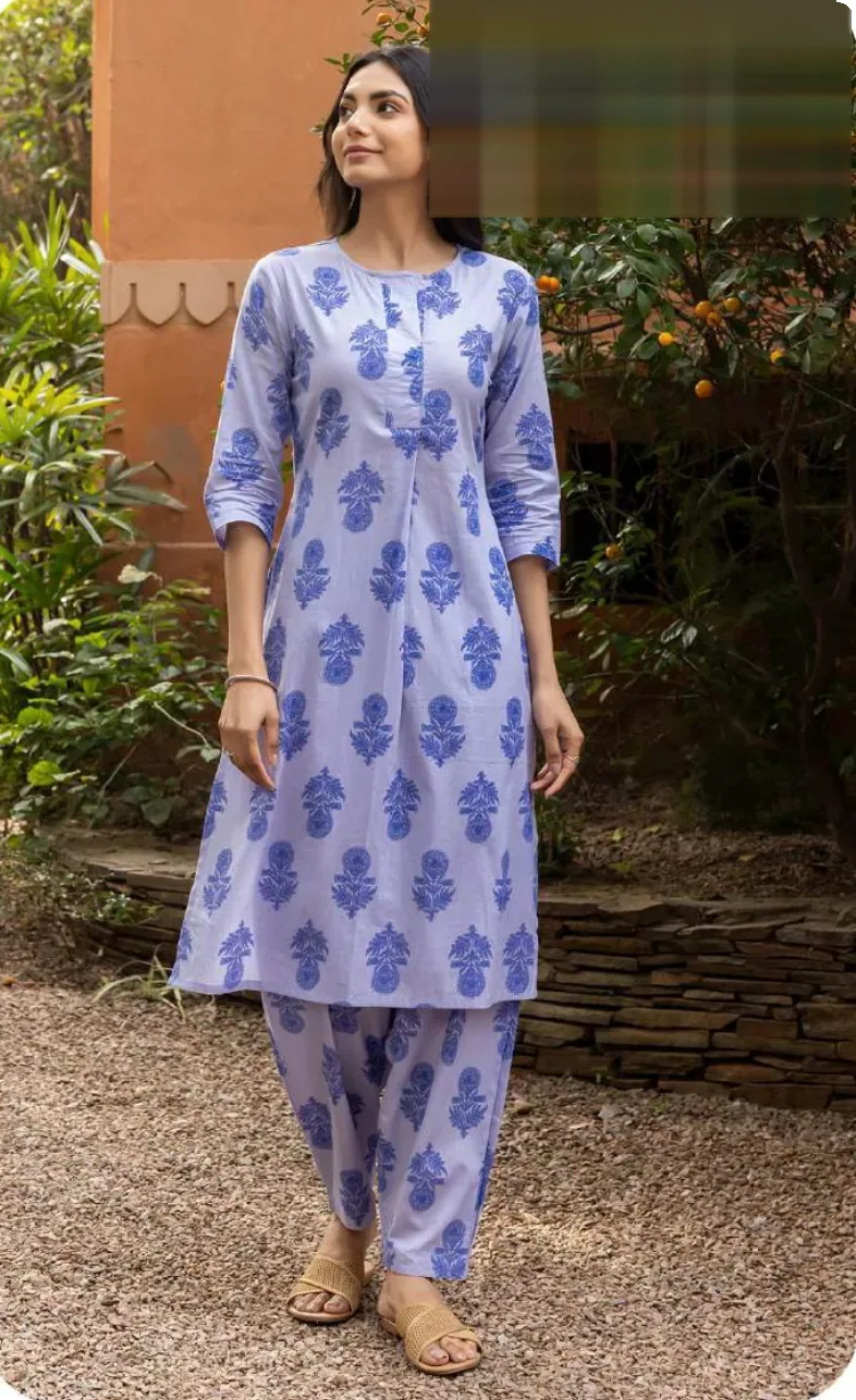 Lavender Blue Block Print Cotton Kurti Pant Set