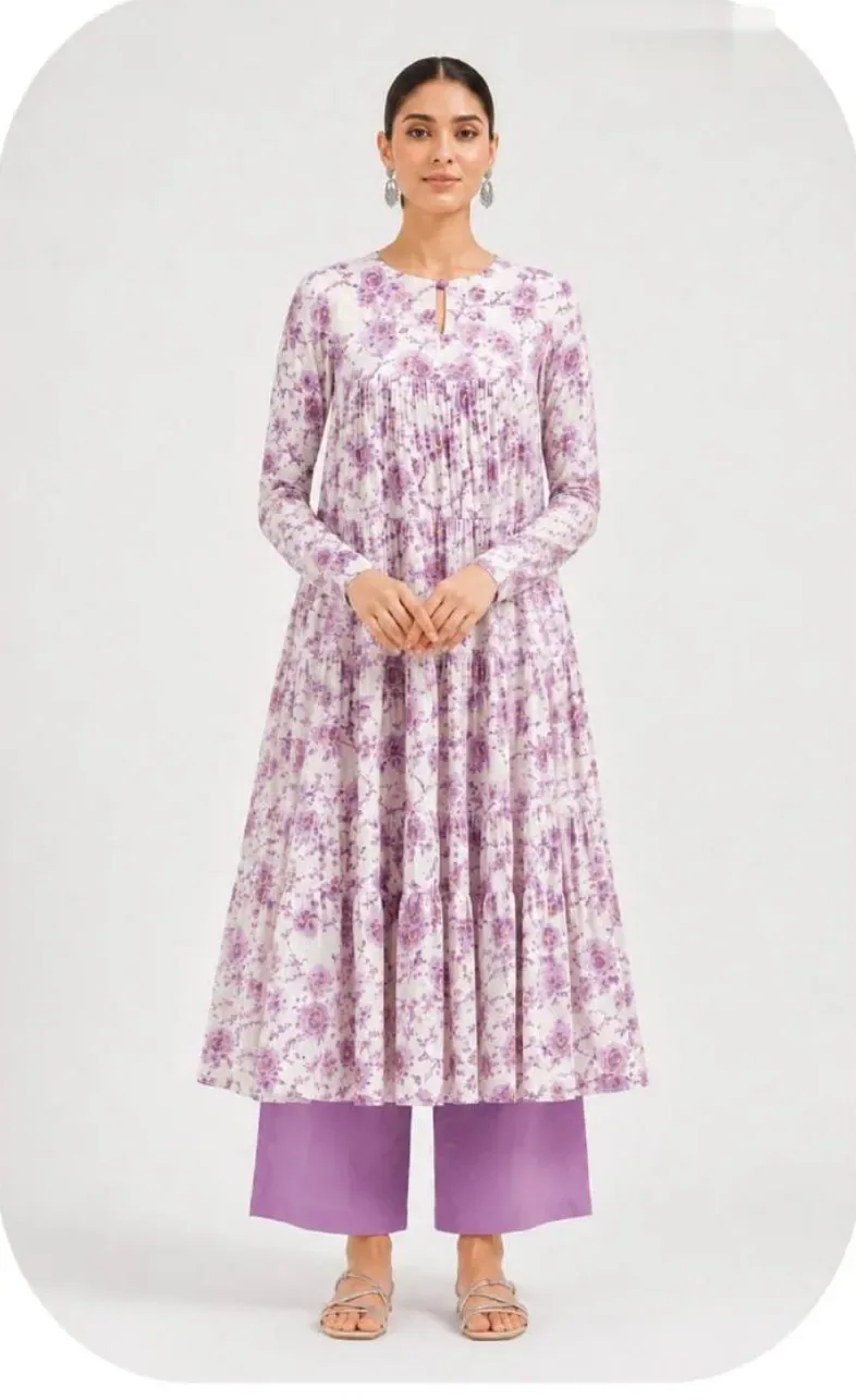 Lavender Floral Print Anarkali Cotton Kurti