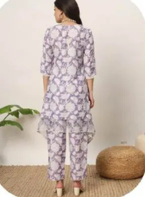 Lavender Floral Print Cotton Blend Kurti Pant Set
