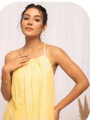 Lemon Yellow Halter Schiffli Cotton Dress