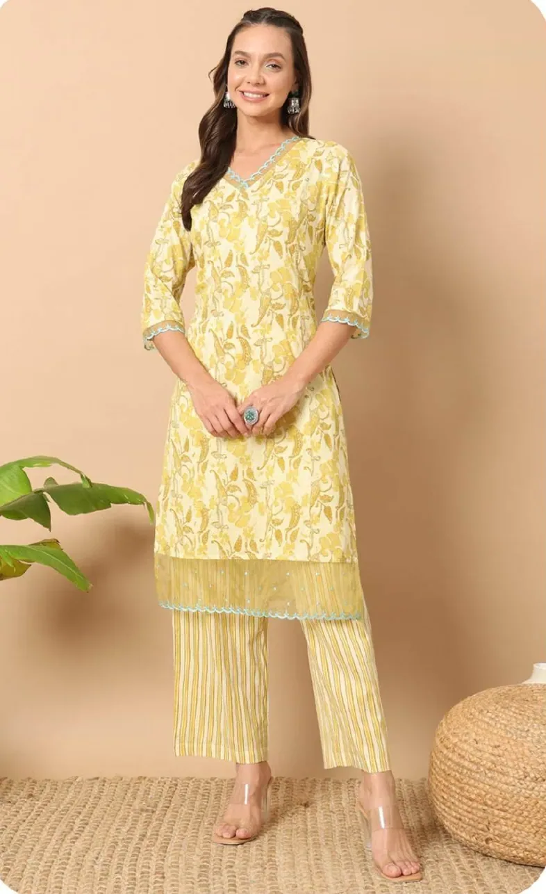 Lemon Yellow Print Pure Cotton Kurti Palazzo Set