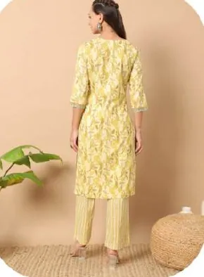 Lemon Yellow Print Pure Cotton Kurti Palazzo Set