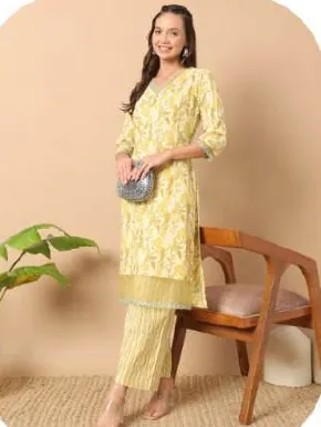 Lemon Yellow Print Pure Cotton Kurti Palazzo Set