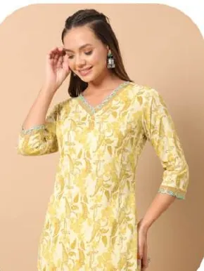 Lemon Yellow Print Pure Cotton Kurti Palazzo Set