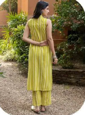 Lemon Yellow Striped Cotton Kurti Pant Set