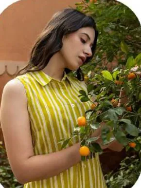Lemon Yellow Striped Cotton Kurti Pant Set