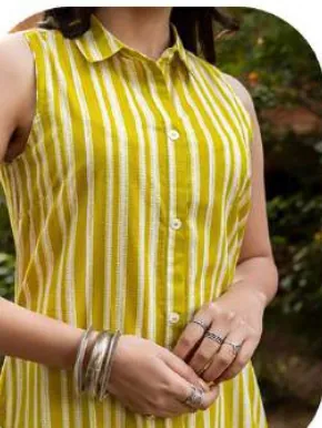Lemon Yellow Striped Cotton Kurti Pant Set