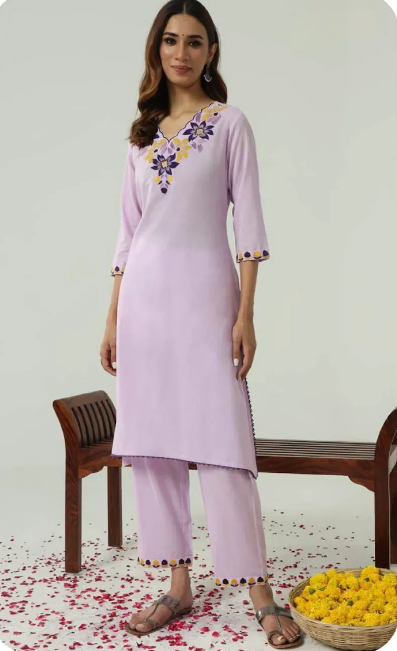 Lilac Embroidered Cotton Kurti Pant Set