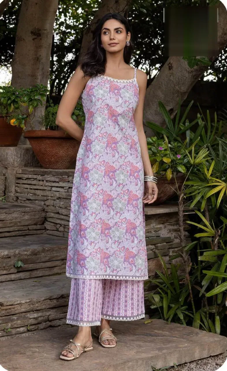 Lilac Floral Print Cotton Kurti Pant Set