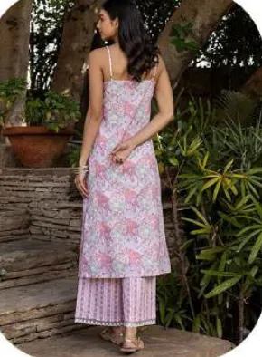 Lilac Floral Print Cotton Kurti Pant Set