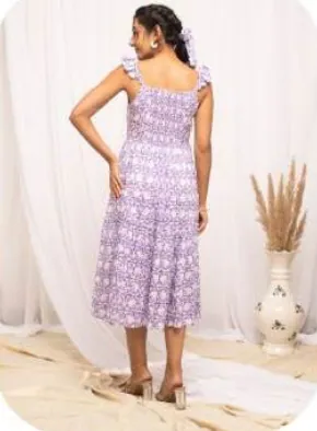Lilac Print Tiered Strappy Cotton Dress