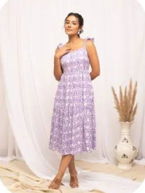 Lilac Print Tiered Strappy Cotton Dress