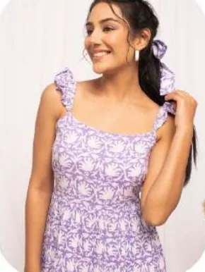 Lilac Print Tiered Strappy Cotton Dress