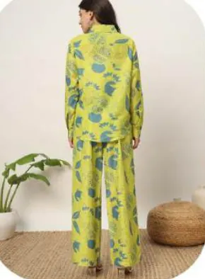 Lime Green Leaf Print Cotton Blend Shirt & Palazzo Co-ord Set