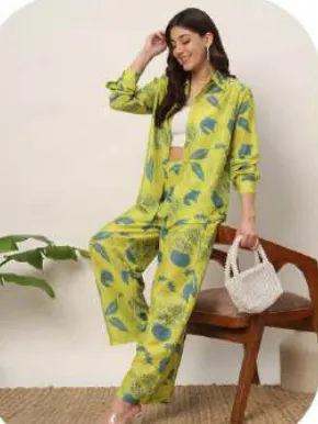 Lime Green Leaf Print Cotton Blend Shirt & Palazzo Co-ord Set