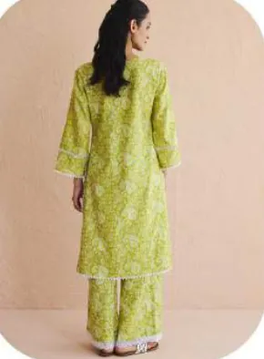 Lime Green Print Cotton Kurti Pant Set