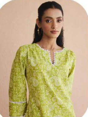 Lime Green Print Cotton Kurti Pant Set