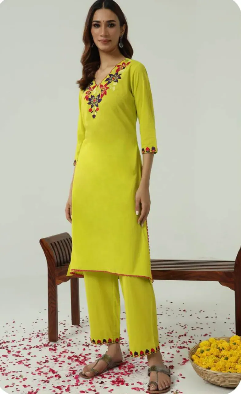 Lime Yellow Embroidered Cotton Kurti Pant Set
