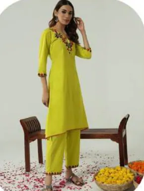Lime Yellow Embroidered Cotton Kurti Pant Set