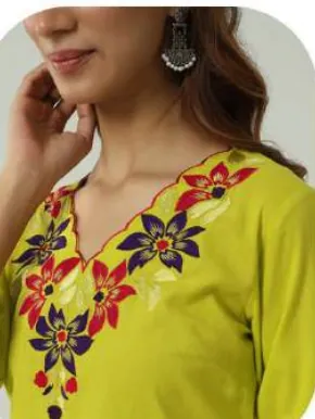 Lime Yellow Embroidered Cotton Kurti Pant Set