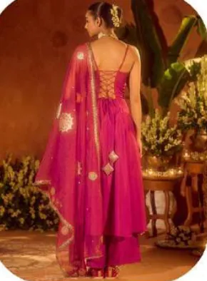 Magenta Pink Anarkali Viscose Chanderi Kurta Set with Dupatta