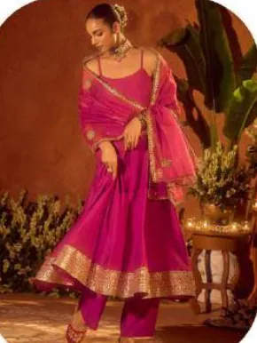Magenta Pink Anarkali Viscose Chanderi Kurta Set with Dupatta