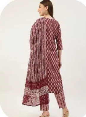 Maroon Block Print Cotton Kurta Set with Dupatta